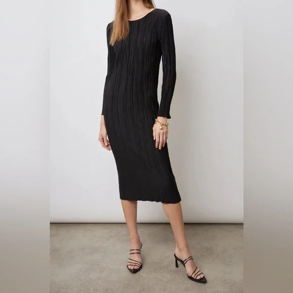 NWT Rails Jordy Midi Pleated Satin Long Sleeve Dress Black | XS - Picture 3 of 12